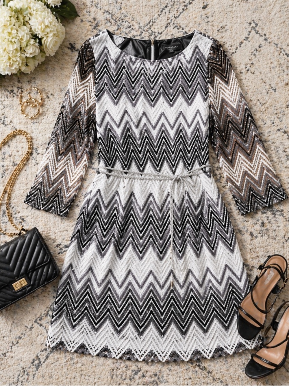Sharagano Chevron Mini Dress Size 12 Grey Multicolor 3/4 Sleeve